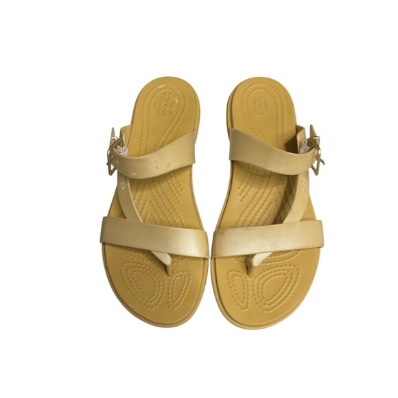 Crocs Tulum Toe Post Sandals Sz 7 Beige Buckle Iconic Comfort Thong Slides Women - Picture 1 of 11